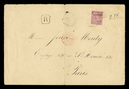 Yvert 25, 1891 75c Rose with provisional Guadeloupe overprint, a single franking of this scarce value tied to large 1892 registered cover to Paris by Basse TerreGuadeloupe10
Mars 92 double-circle c.d.s. with additional strike at left, matc