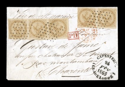 French Colonies Yvert 3, 1859 10c Yellow bister horizontal strip of three and pair, an absolutely beautiful French packet cover to France from the small village of Capesterre,
mostly clear to large margins on both multiples, tied to small co