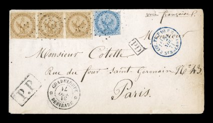 French Colonies Yvert 3, 4, 1859-65 10c Yellow bister horizontal strip of three and 20c Blue, attractive franking with large margins to just in at points, unobtrusive scissors
cut in strip, tied to 1871 French packet cover to France paying the 5