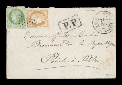 French Colonies Yvert 18, 22, 1872 5c Green on blue and 15c Bister, singles of each, 5c cut in at top, 15c with four nice balanced margins, tied to small 1873 cover from the
small village of Gourbeyre paying the 20c domestic rate to Pointe-a