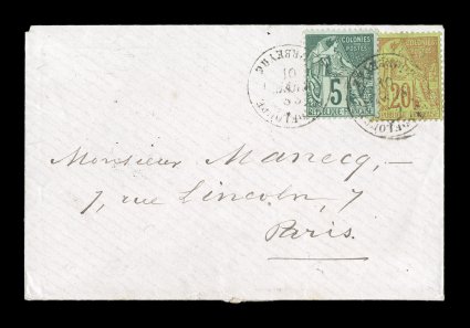 French Colonies Yvert 49, 52, 1881 5c Green and 20c Brick red on green, fresh and attractive franking tied to petite cover to Paris from the tiny town of Gourbeyre paying the
25c U.P.U. rate, stamps tied by GuadeloupeGourbeyre10 Mars 83