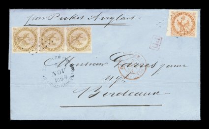 French Colonies Yvert 3, 5, 1859 10c Yellow bister vertical strip of three and 40c Vermilion, handsome Eagle franking with mostly clear to large margins on both values, just
touching at one point on the strip, stamps tied to 1864 folded cover to