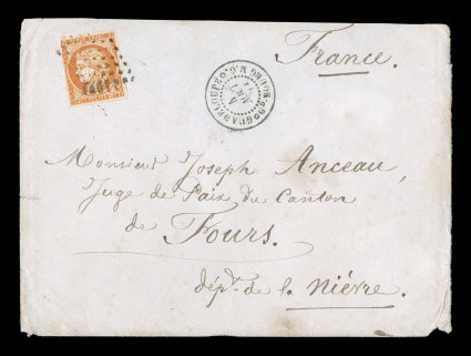 French Colonies Yvert 13, 1871 40c Orange, mostly large margins, just into the frame at top left, tied to 1871 cover to France by black lozenge cancel, very clear and well
struck black GuadeloupeGd. Bourg M. G.4 Aout 71 double-circle c.d.s.