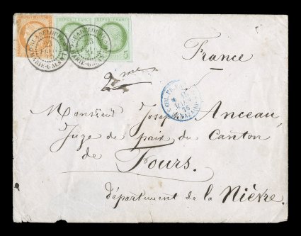 French Colonies Yvert 13, 17, 1871-2 5c Green on blue horizontal pair and 40c Orange, the pair has large margins all around, 40c cutting at bottom, tied to 1876 French packet
cover to France paying the 50c rate, posted from the small village of<
