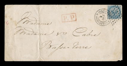 French Colonies Yvert 4, 1865 20c Blue, attractive single with four full margins, tied to 1866 cover from the small village of Morne-a-LEau to Basse Terre by bold 7x7 black
lozenge cancel and also tied by a nice strike of the rare Guadelou