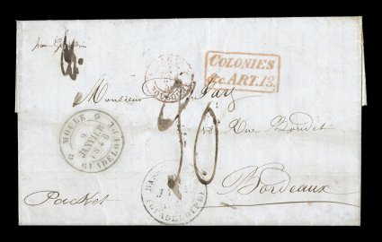 1846 Moule unpaid stampless entire letter to France, exceptionally well struck black MouleGuadeloupe9 Janvier 1846 double-circle c.d.s. and similar Basse Terre transit c.d.s. on
entire folded letter, via British packet with London transit on