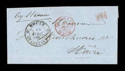 1860 Moule paid stampless cover to France, small entire folded cover with attractive strike MouleGuadeloupe25 Avril 1860 double-circle c.d.s., carried by British packet to Le
Havre with red Le Havre packet entry transit, matching boxed PD h