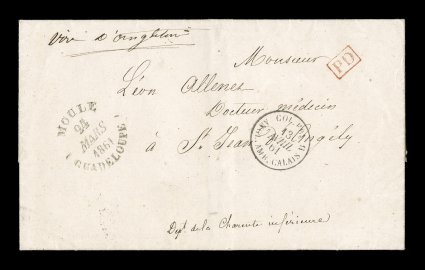 1861 Moule paid stampless entire letter to France, exceptionally fresh and attractive entire folded letter with perfectly struck MouleGuadeloupe24 Mars 1861 large rimless
c.d.s., boxed PD handstamp, carried by British packet with black Cala