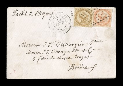 French Colonies Yvert 3, 5, 1859 10c Yellow bister and 40c Vermilion, attractive singles, 40c barely cutting in at top otherwise large margins, tied to small 1867 cover to
France by black 7x7 point lozenge cancels, black GuadeloupeMoule19 Fev