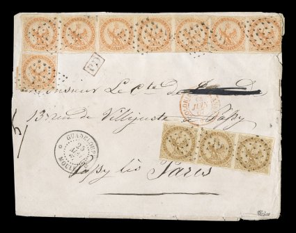 French Colonies Yvert 3, 5, 1859 10c Yellow bister horizontal strip of three and 40c Vermilion horizontal strip of five, pair and single, a striking franking at the fifth weight
level between 40-50 grams as indicated by the ms. 5 at left and p