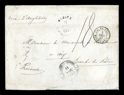 1857 Gosier unpaid stampless cover to France, triple rate envelope with black GozierGuadeloupe11 Nov. 1857 rimless c.d.s. (spelled with a z rather than an s) of this tiny village
just south of Pointe-a-Pitre on Grande Terre, this being th