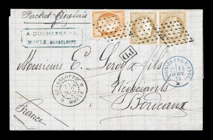 French Colonies Yvert 13, 22, 1871-72 40c Orange and 15c Bister horizontal pair, both with large margins all around, similar packet cover to France as the previous, only this by
British packet paying the 70c premium British packet rate to France