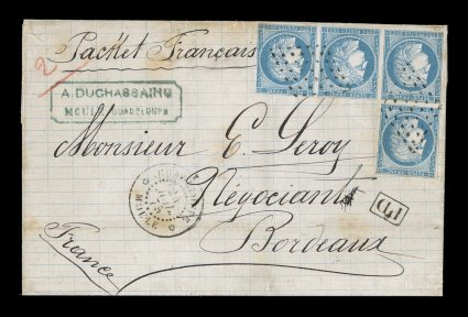 French Colonies Yvert 23, 1872 25c Blue horizontal strip of three and single, mostly clear to large margins, tied to 1875 folded cover to France by black lozenge cancels with
matching GuadeloupeMoule24 Juil 75 double-circle c.d.s., similar P