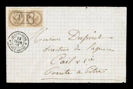 French Colonies Yvert 3, 1859 10c Yellow bister horizontal pair with large to extra large margins all around showing a portion of the adjacent stamps at top, on cover front from
Port Louis to Pointe-a-Pitre with a perfect central strike of 