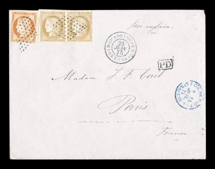 French Colonies Yvert 13, 22, 1871-72 40c Orange and 15c Bister horizontal pair, a lovely franking with clear to large margins and bright fresh colors, mostly tied to absolutely
beautiful cover to France by clear delicate 8x8 point black lozenge