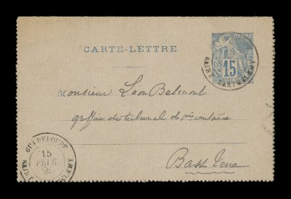 French Colonies 1885 15c Blue on gray letter card, properly used domestically within the colony with lengthy handwritten message from the tiny island of Saint Barthelemy to
Basse Terre, indicia cancelled with rare GuadeloupeSaint Barthelemy