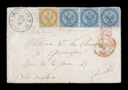 French Colonies Yvert 3, 4, 1859-65 10c Yellow Bister and 20c Blue horizontal strip of three, both with mostly clear to large margins, the strip slightly in at bottom left,
paying the 70c British packet rate to France, tied to small cover from t