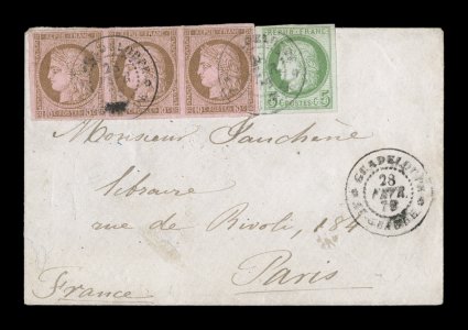 French Colonies Yvert 17, 18, 1872-76 5c Green on blue and 10c Brown on rose horizontal strip of three, both values with large margins all around being affixed slightly over the
edge but not damaging, just tied to small cover from Saint Claude