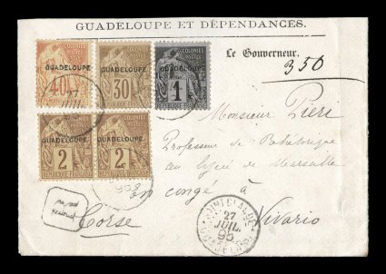 Yvert 14, 15, 22, 24, 1891 1c, 2c, 30c and 40c Dubois issue with provisional Guadeloupe overprints, an attractive four-color franking including a horizontal pair of the 2c
value, all tied to registered 1895 imprinted cover of the Governors of