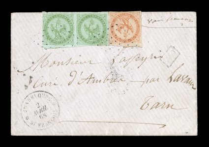 French Colonies Yvert 2, 5, 1859-62 5c Green horizontal pair and 40c Vermilion, clear to large margins on each value, pair with small corner tear at top left, tied to small 1868
French packet cover paying the 50c French packet rate to France fro