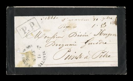1866 Saint Martin prepaid stampless mourning cover, an extremely rare posting from the remote island dependency of Saint Martin to Pointe-a-Pitre with St. Martin(Guadeloupe)11
Sep 1866 large rimless c.d.s., large boxed P.P handstamp ind