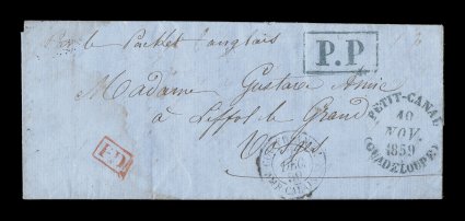 1859 Petit Canal paid stampless entire letter to France, small entire folded letter with excellent strike of the exceedingly rare blue Petit-CanalGuadeloupe10 Nov. 1859 rimless
c.d.s., matching boxed P.P handstamp in blue and similar red bo