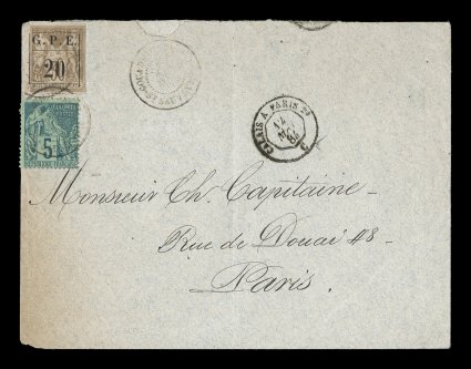 Yvert 1, 1884 G.P.E.20 provisional surcharge on 20c Brown, an exceptionally rare example of this first provisional surcharge on the 20c imperforate value, four clear to large
margins, in mixed franking with French Colonies 5c Green (Yvert 49