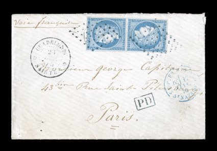 French Colonies Yvert 23, 1872 25c Blue, Ty. I, two lovely four-margined singles neatly positioned foot to foot on small cover to Paris, France from Saintes paying the 50c
French packet rate, stamps nicely tied by clear strikes of black 7x7