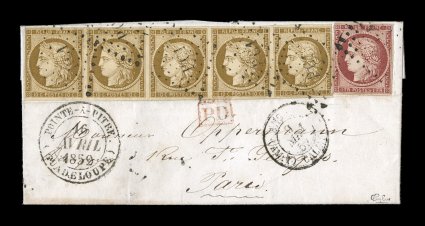 France Yvert 1, 6, 1849-50 10c Bister horizontal strip of five and 1Fr Carmine, tied to one of the most unusual and rare covers using French stamps from Guadeloupe, the stamps of
this extremely rare franking are especially choice with large even