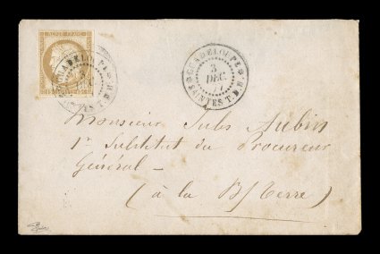 French Colonies Yvert 19, 1877 15c Bister, attractive four-margined example in a rare single franking paying the domestic letter rate of 15c, tied to small cover from the small
village on Terre de Haute in the small Saintes Islands south of