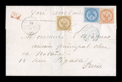 French Colonies Yvert 3, 4, 5, 1859-65 10c Bister, 20c Blue and 40c Vermilion attractive four-margined singles of each in beautiful three-color franking on 1869 folded cover
from the small village of Trois Rivieres to France, stamps tied by