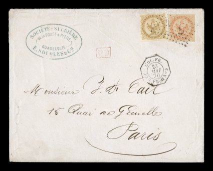 French Colonies Yvert 3, 5, 1859 10c Yellow bister and 40c Vermilion, attractive singles with clear to large margins and bright colors, tied to maritime cover on Line B of the
French packet service by anchor in lozenge of dots black cancels, o