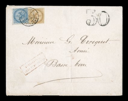 French Colonies Yvert 3, 4, 1859-65 10c Yellow Bister and 20c Blue, attractive singles with mostly clear to large margins, tied to domestic cover of ca 1865 by
GuadeloupePointe-a-Pitre11 Avril, found to be overweight with red Affranchisseme