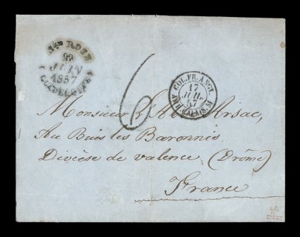 1857 Sainte Rose unpaid stampless cover to France, incredibly rare blue black Ste. Rose(Guadeloupe)29 Juin 1857 rimless c.d.s. being the discovery copy of this marking, on folded
cover to Buis les Barronies, 6 rate handstamp for 6 decim