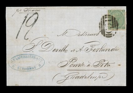 Great Britain Z28, 1865 1- Green, plate 4, used from St. Thomas, D.W.I., single tied to 1866 entire folded letter by bold C51 in oval of bars cancel, St. ThomasNO 15 1866
double-arc c.d.s. on the reverse, posted to Pointe-a-Pitre with a Ba