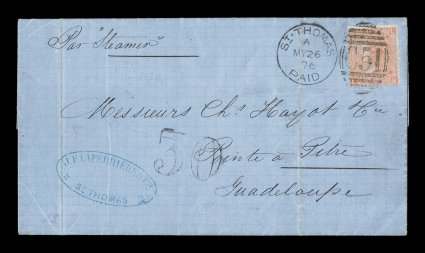 Great Britain Z10, 1843 4p Vermilion, plate 14, used from St. Thomas, D.W.I., single tied to 1876 entire folded letter by nice strike of St. ThomasPaidMY 26 76C51 duplex, posted
to Pointe-a-Pitre with a Basse Terre transit and Pointe-a-Pitr
