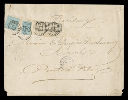 Yvert TT1, 2, 1876 25c Black bottom left corner margin strip of three and two 40c Black on blue first typeset postage dues, certainly one of the rarest and most spectacular
postage due frankings possible, both of the phenomenally rare 40c values