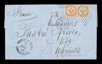 French Colonies Yvert 3, 5, 1859 10c Yellow bister and 40c Vermilion, singles of each with mostly large margins, tied to attractive 1861 entire folded letter to France by lozenge
cancels, clear Pointe-a-PitreGuadeloupe25 Mai 1861 rimless c.d