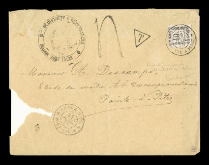Yvert TT3, 1876 40c Black first typeset postage due, three large margins, close at top and tiny scissors cut in right margin, a very rare stamp tied to 1878 cover of a legal
notice from the small village of Port Louis to Pointe-a-Pitre, stam