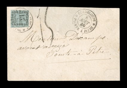 Yvert TT4, 1879 15c Black on pale blue typeset postage due, lovely four-margined single, tied to small attractive 1880 local cover of Pointe-a-Pitre, black
GuadeloupePointe-a-Pitre5 Aout 80 double-circle c.d.s. at right and stamp tied by the