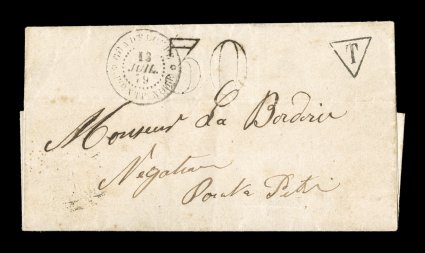 1879 Pointe Noire unpaid potage due cover, attractive folded cover form the small village of Pointe Noire on the upper west coast of Basse Terre, sent unfranked to
Pointe-a-Pitre with rare GuadeloupePointe Noire13 Juil. 79 double-circle c