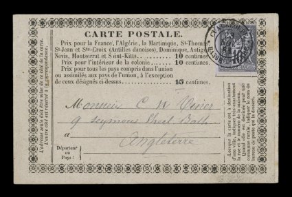 French Colonies Yvert 40, 1879 10c Black on lilac on Guadeloupe formula card, extra-large margins to just touching, tied to card to England by beautiful strike of
GuadeloupeBasse Terre23 Nov. 81 double-circle c.d.s., backstamped Bath, very f