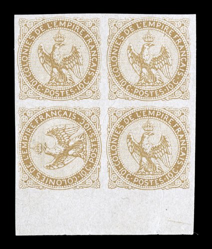 Yvert 3aP, Scott 3aP, 1859 10c Yellow bister, pair with one sideways, plate proof on thin white paper, the variety being the bottom left stamp in a bottom sheet margin block of
four, large balanced margins all around, extremely fine and a lovel