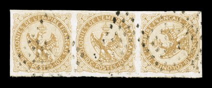 Yvert 3a, Scott 3a, 1859 10c Yellow bister, pair with one sideways in horizontal strip of three, the sideways stamp at right, large margins all around, light black lozenge
cancel, very fine and exceedingly choice (Yvert Ç585).