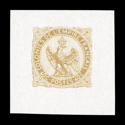 Yvert 5P, Scott 5P, 1859 40c Eagle, single impression proof, in bister on thin paper, measuring 32x32mm with margins of 5-8mm each, bright fresh color, very
fine.