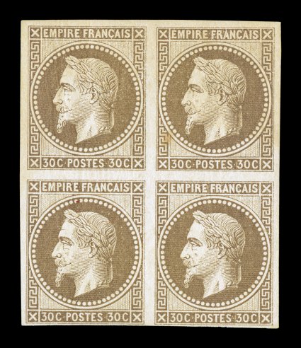 Yvert 9, Scott 13, 1871 30c Brown, crisp mint block of four, three large margins, ample and well clear at bottom, rich color, o.g., h.r. on top pair, bottom pair n.h., tiny tone
speck in top right stamp barely noticeable from the front, very fi