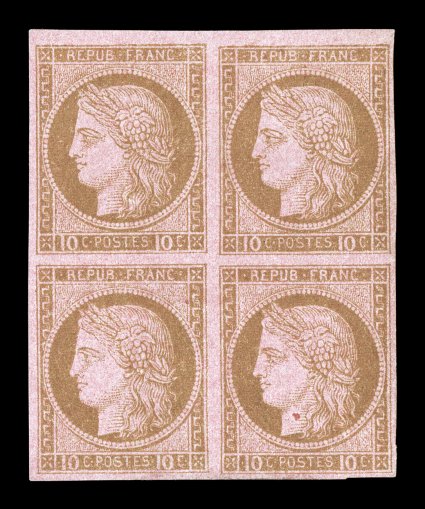 Yvert 18, Scott 20, 1876 10c Bister on rose, very attractive appearing mint block of four with small portion of sheet margin at top, large even margins on the other three sides
as well, bright color on intensely tined paper, o.g., faint horizo