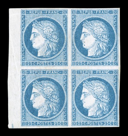 Yvert 23, Scott 12, 1872 25c Blue, Ty. I, left sheet-margin block of four with large even margins on the other three sides, bright strong color and detailed impression showing
strong plate flaw on the Ceres chin in the top right stamp, o.g., h.