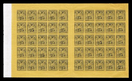Yvert 2, 2a-2c, Scott 2, 2a, 2b, 1884 G.P.E25 Provisional surcharge on 35c Violet black on yellow, impressive full double pane of 50 showing the overprint setting including the
major overprint varieties of the large 2 in 20 (position 25