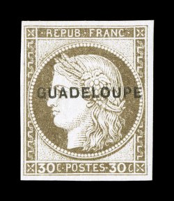 Yvert 12, Scott 12, 1891 30c Brown with Guadeloupe provisional overprint, imperforate, pristine mint single, wide even margins all around, bright color on exceptionally fresh
paper, flawless o.g., never hinged, extremely fine (Yvert Ç350).